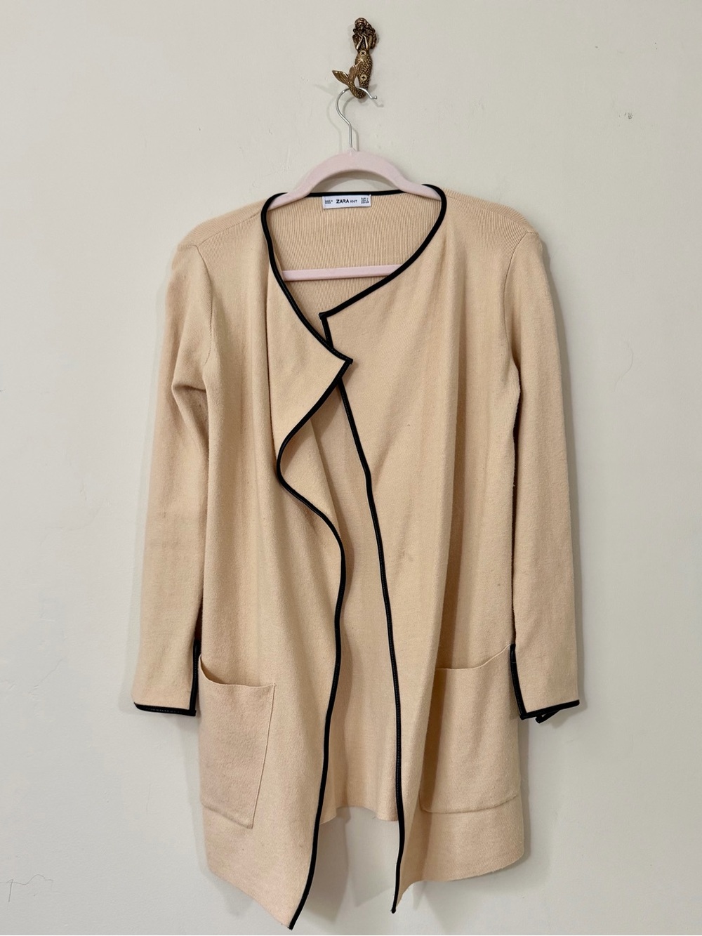 Zara Open Front Sweater Jacket with Faux Leather Trim
